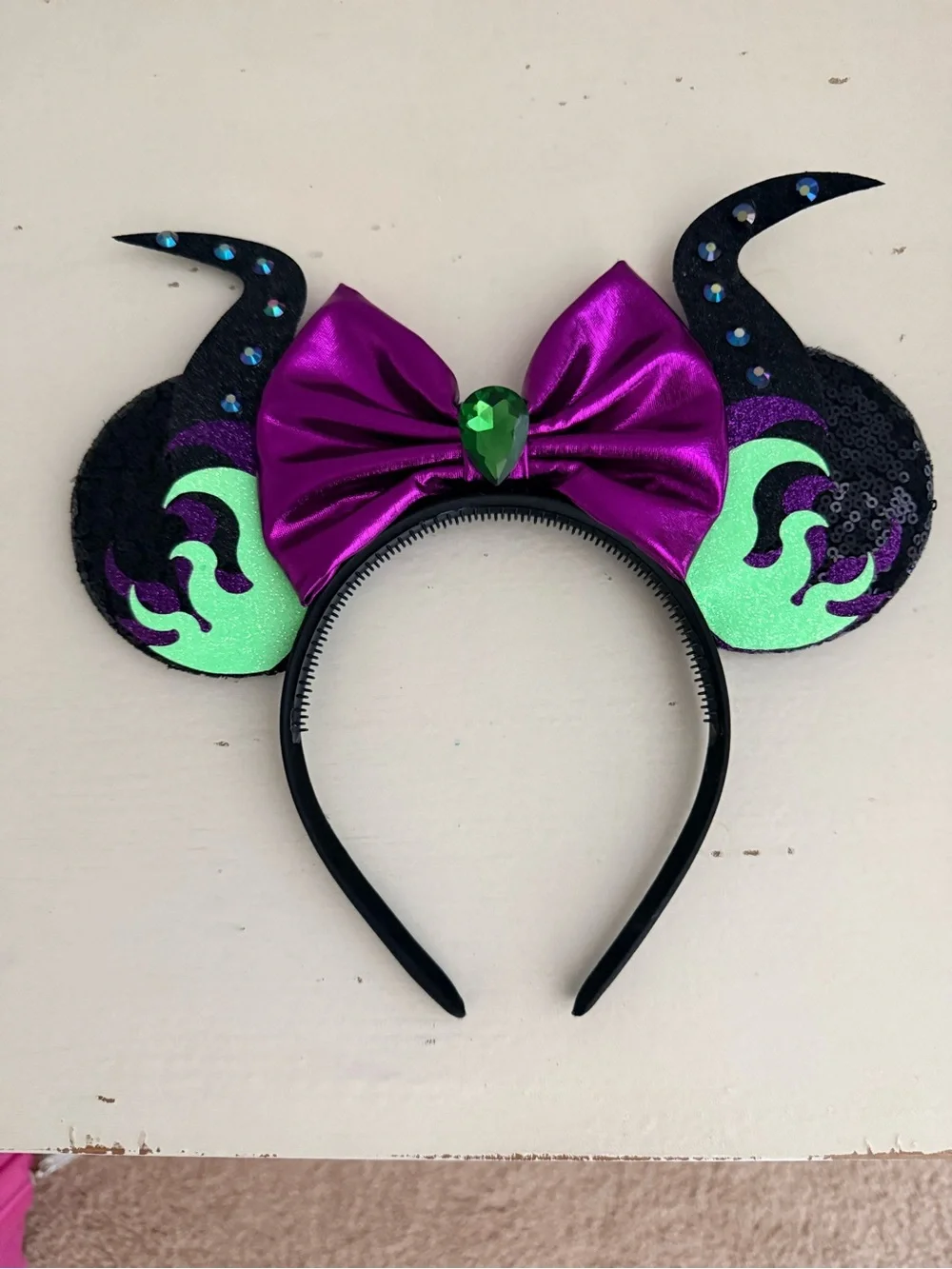 Maleficent-Style Headband with Purple Bow & Green Gem